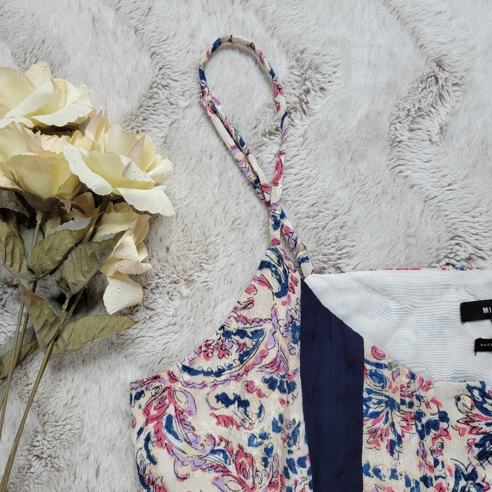 Miss Me Pleated Floral Tank Top in Navy Blue Sleeveless Size L - Picture 7 of 14
